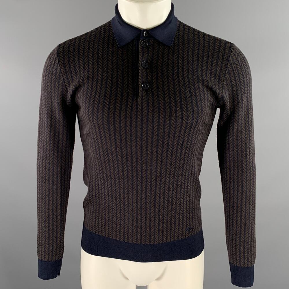 EMPORIO ARMANI Size S Brown Navy Herringbone Wool Blend Polo Sweater
